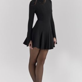 Francesca Black Stretch Crepe Godet Mini Dress - Image 8