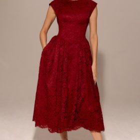 Debutante Berry Lace Backless Midi Dress