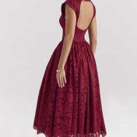 Debutante Berry Lace Backless Midi Dress - Image 5