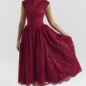 Debutante Berry Lace Backless Midi Dress - Image 7