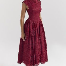 Debutante Berry Lace Backless Midi Dress - Image 8
