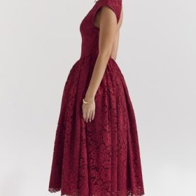 Debutante Berry Lace Backless Midi Dress - Image 9
