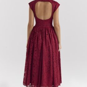 Debutante Berry Lace Backless Midi Dress - Image 10