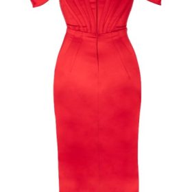 Loretta Red Satin Off Shoulder Dress - Image 2