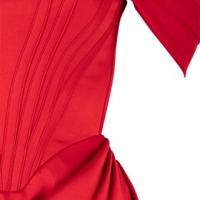 Loretta Red Satin Off Shoulder Dress - Image 3