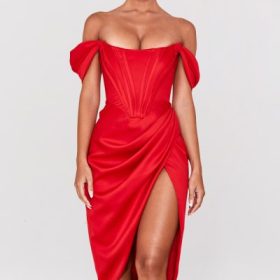 Loretta Red Satin Off Shoulder Dress - Image 5
