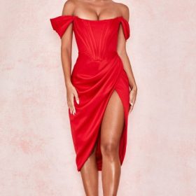 Loretta Red Satin Off Shoulder Dress - Image 7