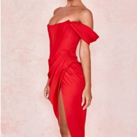 Loretta Red Satin Off Shoulder Dress - Image 9