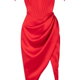 Loretta Red Satin Off Shoulder Dress - Image 19