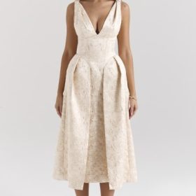 Paloma Ivory Metallic Jacquard Midi Dress - Image 5