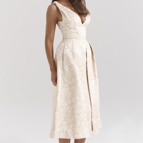 Paloma Ivory Metallic Jacquard Midi Dress - Image 8