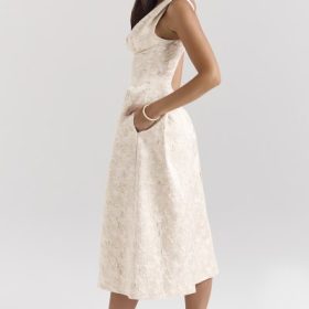 Paloma Ivory Metallic Jacquard Midi Dress - Image 9
