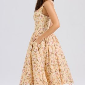 Alba Honeyflower Print Gathered Cotton Midi Dress - Image 9