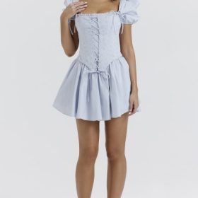Maribel Soft Blue Broderie Corset Mini Dress - Image 8