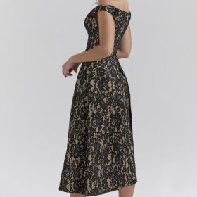Charming Black Gold Lace Off Shoulder Midi Gown