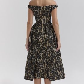 Charming Black Gold Lace Off Shoulder Midi Gown - Image 2