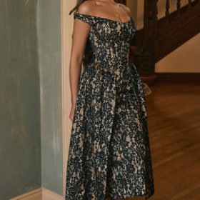 Charming Black Gold Lace Off Shoulder Midi Gown - Image 3