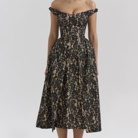 Charming Black Gold Lace Off Shoulder Midi Gown - Image 5