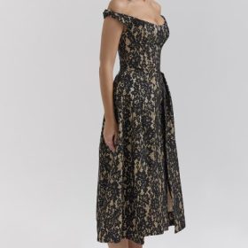 Charming Black Gold Lace Off Shoulder Midi Gown - Image 8