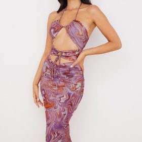 Kasia Purple Swirl Cutout Midi Dress - Image 13