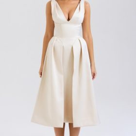 Paloma Vintage Cream Satin Pleated Midi Dress - Image 5